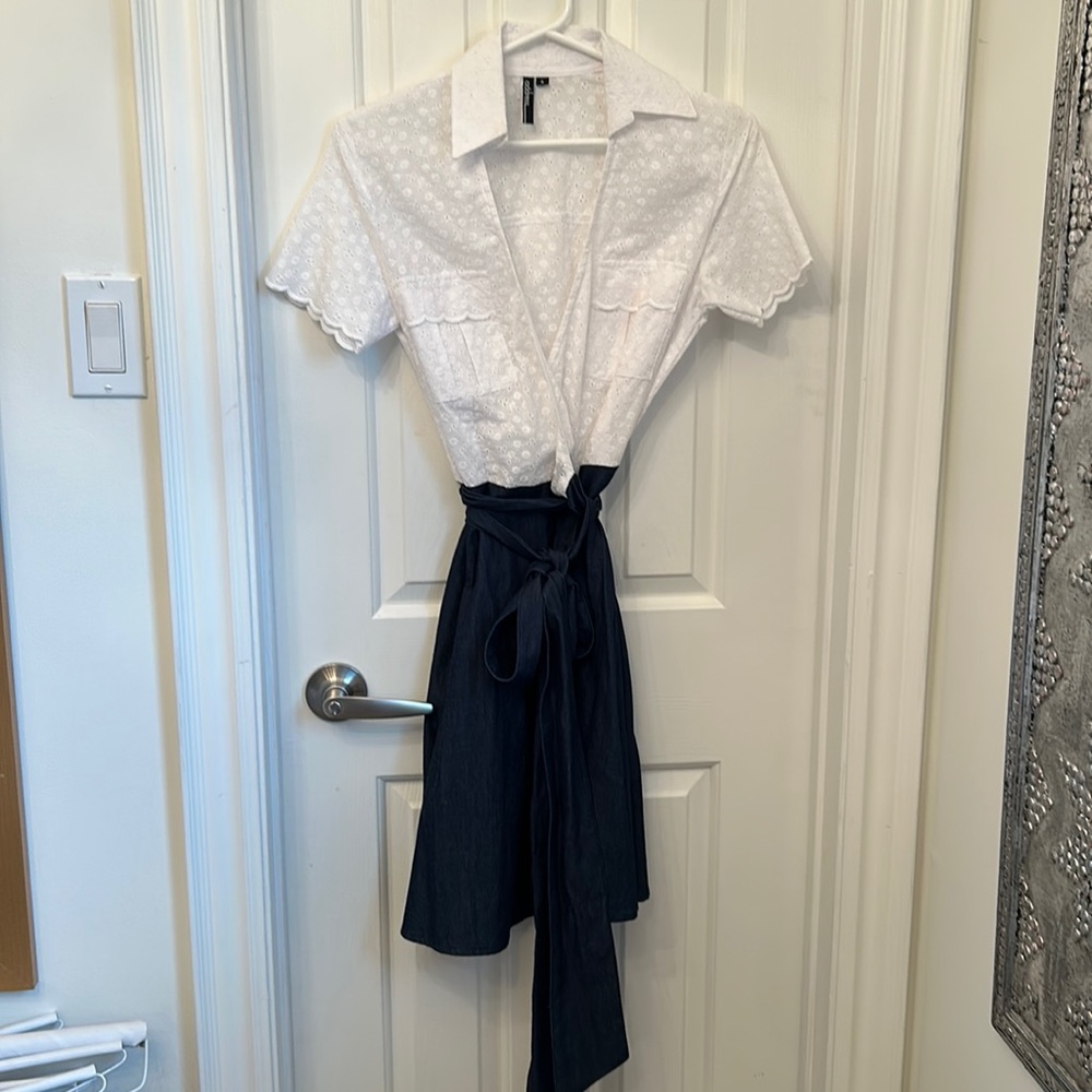 wrap around jean /eyelet lace dress, little floral detail in the top